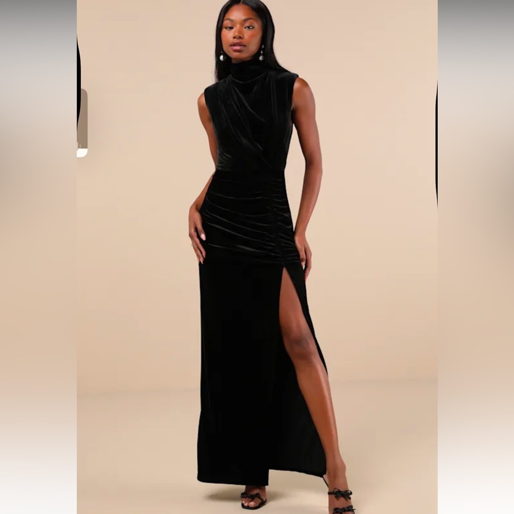 Alluring Image Black Ruched Velvet Mock Neck Maxi Dress worn 1x